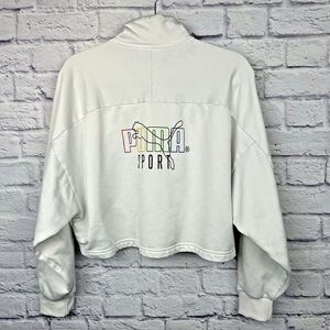 Puma Sport Sweatshirt Womens XL White Cropped Spellout Stand‎ Collar 1/4 Zip Y2K